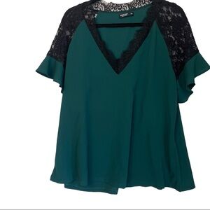 SHEIN Green Black Lace Trimmed Short Sleeve Formal Party Occasion Blouse…